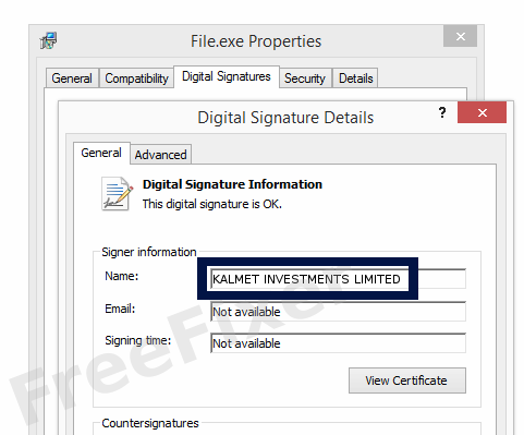 Screenshot of the KALMET INVESTMENTS LIMITED certificate
